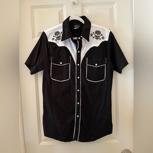 Men’s Lucky 13 Black & White Skull Western short sleeve collared Shirt size L
